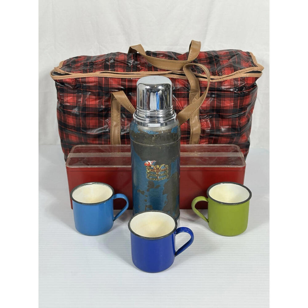 Vintage STANLEY Super Vac Thermos Vacuum Bottle Cork Insulated Bag 3 Metal Cups